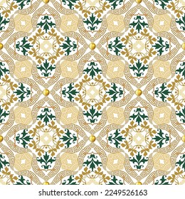 Floral greek colorful seamless pattern. Ornamental beautiful vector background. Modern repeat  backdrop. Vintage flowers, swirls. Greek key, meanders. Endless texture. Damask ornament. Gold 3d buttons