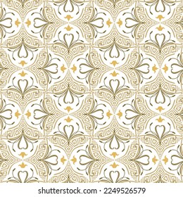 Floral greek colorful seamless pattern. Ornamental beautiful vector background. Modern repeat tribal ethnic backdrop. Vintage flowers, swirls. Greek key, meanders. Endless patterned ornate texture.