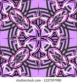 Floral greek colorful vector seamless pattern. Geometric ornamental violet background. Repeat decorative abstract backdrop. Vintage greek key meanders ornament with flowers, circles. Round mandalas.