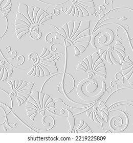 Floral greek style textured 3d seamless pattern. White embossed flourish vector background. Grunge repeat relief backdrop. Grecian motif. Vintage emboss flowery ornaments with lines, flowers, swirls.