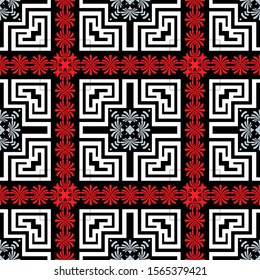 Floral greek vector seamless pattern. Geomeric abstract ornamental background. Greek key meanders ornament with flowers, lines, shapes, borders, frames. Decorative colorful design. Repeat backdrop.