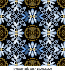 Floral greek vector seamless pattern. Ornamental modern colorful background. Repeat ornamental elegant backdrop. Ornate greek key meanders beautiful ornaments with abstract flowers, geometric shapes.