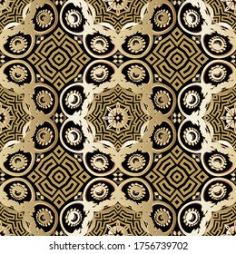 Floral greek vector seamless pattern. Ornamental grunge flourish background. Abstract repeat symmetrical backdrop. Greek key meanders vintage ornament. Abstract geometric shapes, flowers, lines.