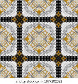 Patrón sin fisuras del vector griego floral. Antecedentes de encaje de estilo étnico tribal ornamental. Reproducir fondo de repetición de tartán. Llave griega, lienzos adornados con mandalas, flores, marcos, bordes. Diseño ordenado.