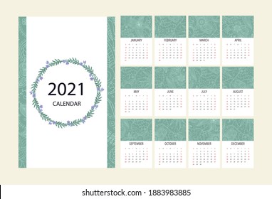 Floral Green 2021 Calendar. Week starts from Sunday. Vector EPS 10