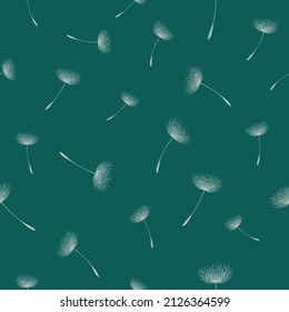 Floral green background seamless pattern white with dandelion fluff silhouette. Beautiful nature backdrop. Trendy stylish wallpaper. Vector illustration.
