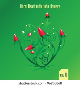 Floral Green Heart with Rube Flowers On Green Background