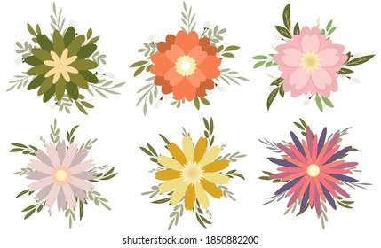   Floral with green leaf bouquet for decoration or wedding invite card design element set.