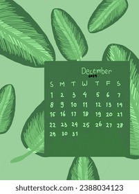 Floral, green leaves calendar December 2024 on green background