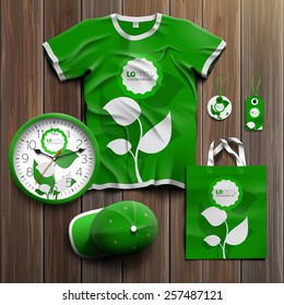 Floral green promotional souvenirs design for corporate identity with leaves. Stationery set