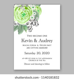Floral green ranunculus peony rose wedding invitation vector printable card template Bridal shower bouquet flower marriage ceremony wording text