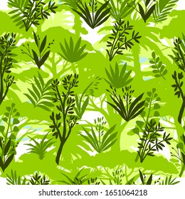 Floral green seamless pattern with jungle plants and trees. Exotic summer texture with rainforest outlines and exotic leaves. Vector background for wrapping paper, foliage, textile, apparel, prints.