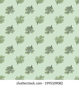 Floral green shrub silhouettes seamless pattern in doodle style. Light blue background. Floral simple backdrop. Stock illustration. Vector design for textile, fabric, giftwrap, wallpapers.