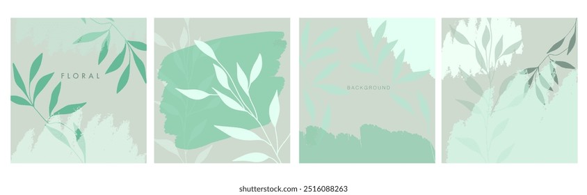 Fondos cuadrados verdes florales. Tema floral de estilo minimalista con hojas verdes suaves y Formas abstractas. Ilustraciones vectoriales para Anuncio, invitación, publicación en redes sociales, póster, temas de tarjetas.