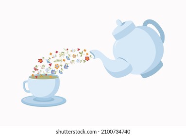 Floral green tea is poured from a teapot into a cup. Tea with flowers. Нerbal drink. Healthy vitamin tea. Vector illustration with isolated background.