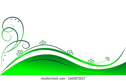 Floral green and white vector background, curved lines with leaves, elegant style, space for text. 