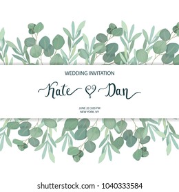 Floral greenery card template with eucalyptus branch. For wedding invitation, save the date, birthday, Easter. Vector illustration. Watercolor style