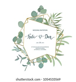 Floral greenery card template with eucalyptus branch. For wedding invitation, save the date, birthday, Easter. Vector illustration. Watercolor style