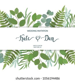 Floral greenery card template with eucalyptus branch. For wedding invitation, save the date, birthday, Easter. Vector illustration. Watercolor style