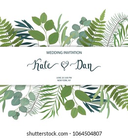 Floral greenery card template with eucalyptus branch. For wedding invitation, save the date, birthday, Easter. Vector illustration. Watercolor style