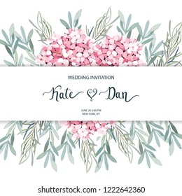 Floral greenery card template with eucalyptus branch and hortensia. For wedding invitation, save the date, birthday, Easter. Vector illustration