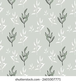 Floral greenery hand drawn seamless pattern with small line art leaves Perfect for background, textile, or wrapping paper A delicate, repeating pattern Minimalist and elegant aesthetic