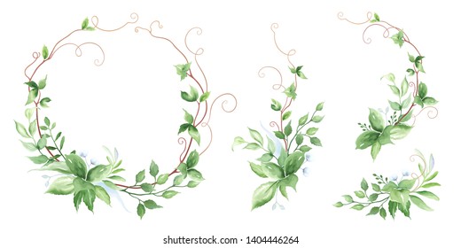 Floral Greenery Set Of Decors With Green Leaves And Branches. Vector Illustration In Watercolor Style For Your Design. Nature Template For Invitation Card.