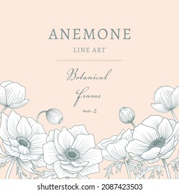 floral greeting card with anemone flowers 02 pink back ground. botanical frame vector illustration.