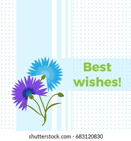 Floral greeting card best wishes with blue flower cornflower or centaurea cyanus. Polka dot background. Cartoon cornflower vector postcard