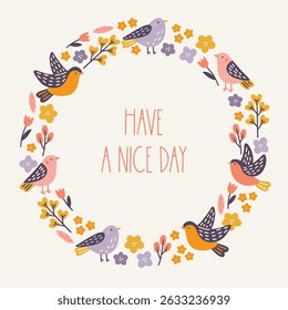 Floral greeting card with birds, flowers, tulips and leaves on white background. Perfect for spring and summer holidays and decorations. Hand drawn frame, wreath