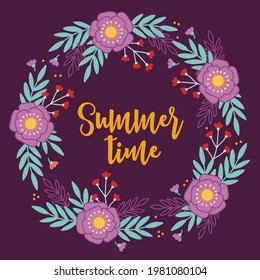 Floral greeting card with blooming flowers and leaves on violet background. Circle wreath in scandinavian style. Perfect for spring and summer holidays. Vector illustration
