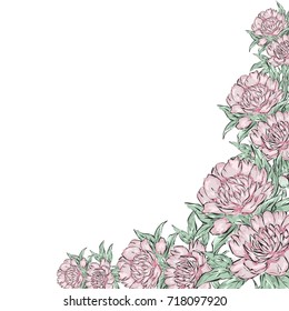 Floral Greeting Card with Blooming garden flowers. Frame of flowers. Hand drawn vector illustration.