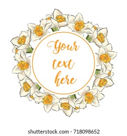 Floral Greeting Card with Blooming garden flowers. Wreath of flowers with white background.  Hand drawn vector illustration.