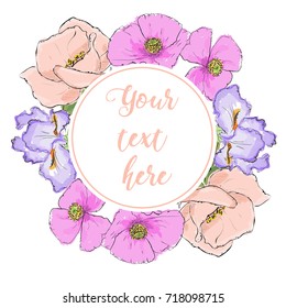 Floral Greeting Card with Blooming garden flowers. Wreath of flowers with white background.  Hand drawn vector illustration.