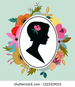 Floral Greeting Card with Blooming. Happy spring Day. Season vocation, weekend, parfumery logo. Vignette whit pretty girl. Cosmetics logo. Roses and blue flowers. Bouquet of flowers. Stunner lovers.