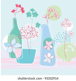 Floral greeting card with bottle and vase