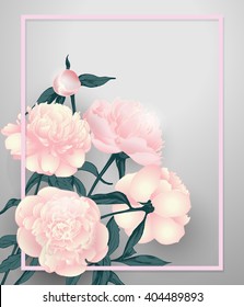 Floral greeting card  with  Bouquet of pink peonies, with space for your text. Template Vector.