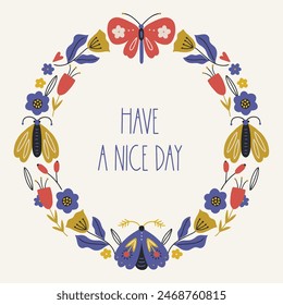 Floral greeting card with butterflies and flowers on white background. Circle frame in scandinavian style. Hand drawn illustration. Perfect for spring and summer holidays
