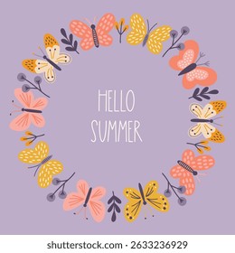 Floral greeting card with butterflies, leaves and branches on lilac background. Perfect for spring and summer holidays and decorations. Hand drawn frame, wreath