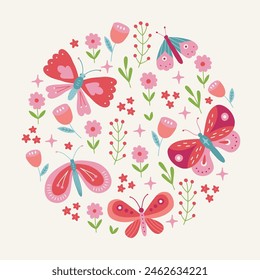 Floral greeting card with butterflies, moths and flowers on white background. Circle ornament in scandinavian style. Perfect for spring and summer holidays