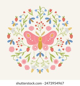 Floral greeting card with butterfly, berries, flowers, bees, strawberries, chamomile on white background. Circle ornament in scandinavian style. Perfect for spring and summer holidays