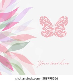Floral greeting card with butterfly. Vector illustration in doodle style