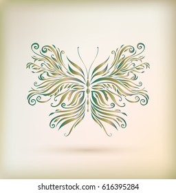 Floral greeting card with butterfly. Vector illustration in doodle style