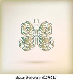 Floral greeting card with butterfly. Vector illustration in doodle style