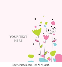 Floral Greeting Card: A charming hand-drawn floral design features vibrant pink and green flowers with delicate stems and leaves, set against a soft pink background.