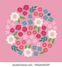 Floral greeting card with colorful blooming flowers and leaves on pink background. Circle ornament in scandinavian style. Perfect for spring and summer holidays