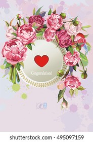 Floral greeting card for congratulation. Peony Floral Watercolor botanical illustration