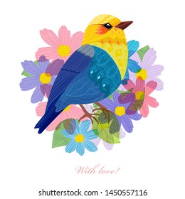 floral greeting card with cute bird for your design