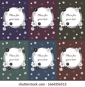 Floral greeting card design collection with black and white hand drawn spring flowers in retro vintage colors. Circular copy space. EPS 10 vector illustration.