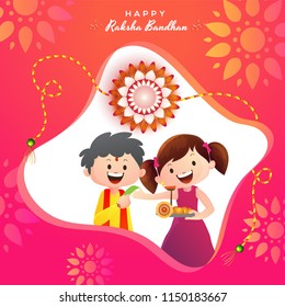 Floral greeting card design with illustration of happy brother and sister celebrating Raksha Bandhan festival.